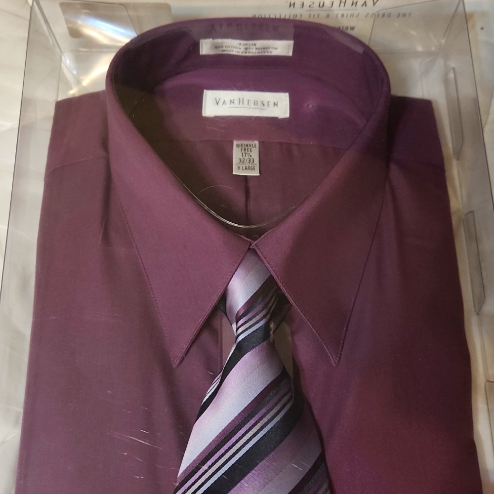 NWT Mens VanHeusen Dress Shirt and tie. XL 171/2 32/33 in Aubergine.